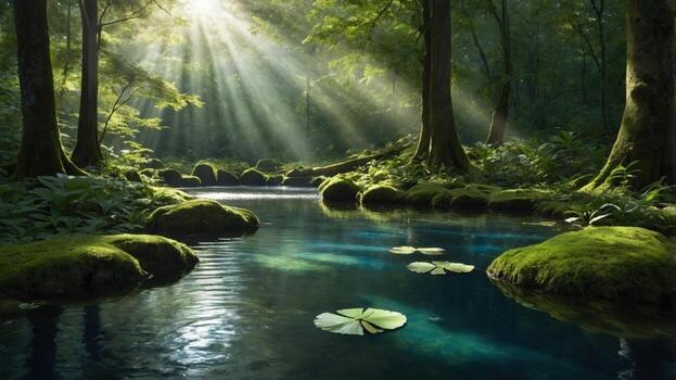Serene forest scene with sunlight filtering through trees, illuminating a tranquil river with lily pads photo