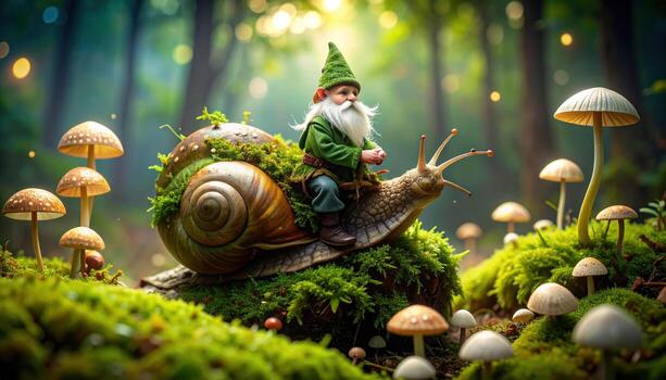 Gnome dressed in green attire sits atop large snail, surrounded by lush moss and whimsical mushrooms in magical forest setting. scene evokes sense of adventure and wonder photo