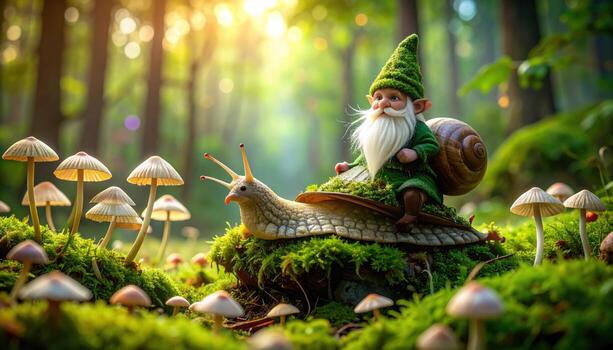 Gnome in green attire rides large snail through magical forest filled with mushrooms and lush greenery, creating whimsical and enchanting atmosphere photo