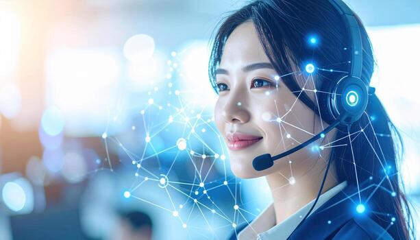Professional woman wearing headset, engaged in customer service, with digital network overlay symbolizing connectivity and technology. Her expression conveys confidence and focus photo
