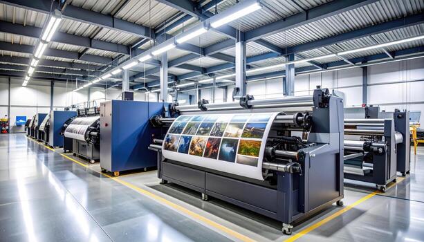 High definition printing press machines lined up in spacious industrial facility, showcasing vibrant images on large rolls of paper. environment exudes sense of modern technology and efficiency photo