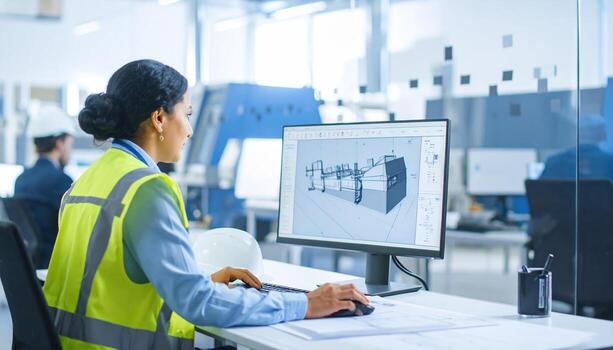 Focused engineer navigates digital landscape of computer screen, showcasing detailed design in modern workspace. atmosphere reflects innovation and precision photo