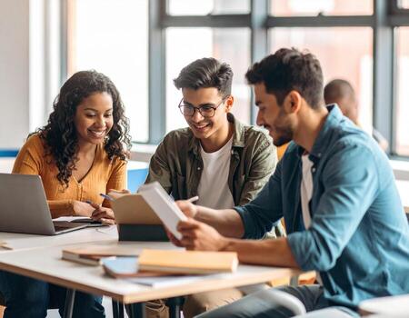 Collaborative university students engaged in group study, sharing ideas and resources, creating positive learning environment. Their expressions reflect enthusiasm and teamwork photo