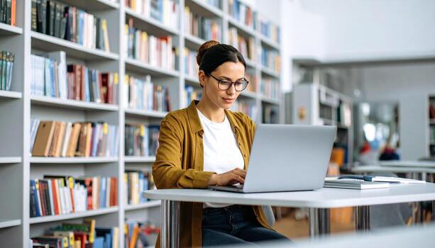 Focused female student with glasses is deeply engaged her laptop while sitting table library surrounded by bookshelves filled with various books. atmosphere is calm and studious, reflecting photo