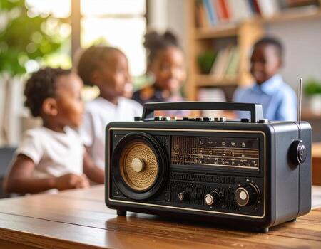 Vintage black radio on wooden desk with blurred children in background, creating nostalgic atmosphere filled with joy and laughter. radio symbolizes high fidelity sound and cherished memories photo