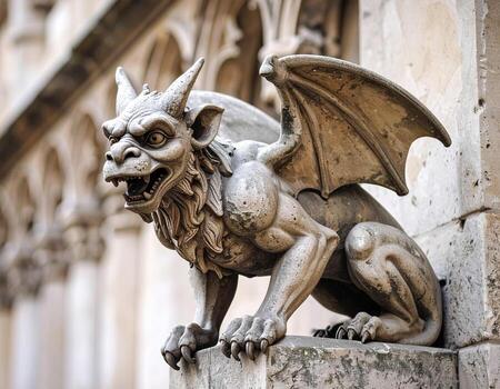 Detailed stone gargoyle figurine with wings and expressive face, perched on wall. This weathered sculpture showcases intricate craftsmanship and adds gothic touch to architecture photo