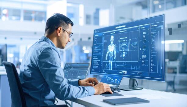 Person focused their work modern workstation, using multiple screens to analyze data and visuals related to technology and innovation. environment is bright and contemporary, enhancing photo