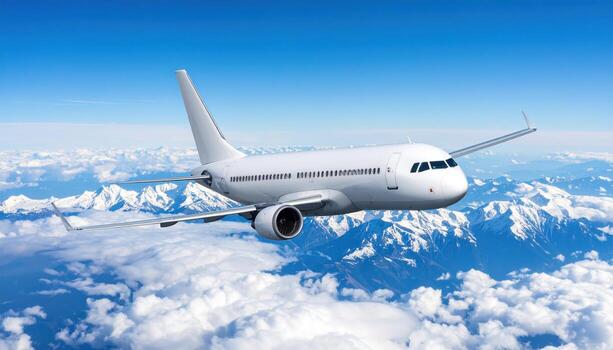 Pristine white aircraft soars majestically against canvas of azure sky, surrounded by fluffy clouds and majestic mountains, evoking sense of freedom and adventure photo