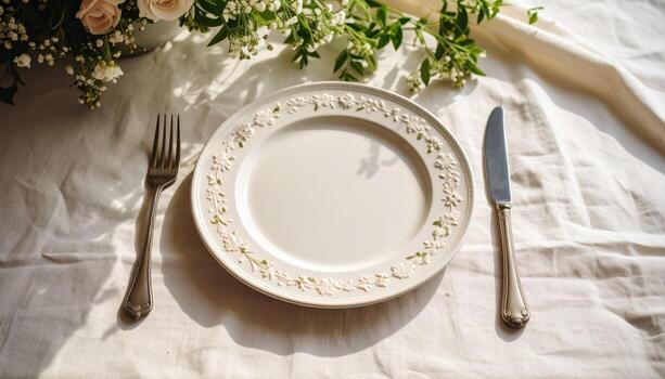 Pristine white ceramic plate adorned with delicate floral pattern rests gracefully on soft tablecloth, surrounded by elegant cutlery and fresh flowers, creating serene dining atmosphere photo