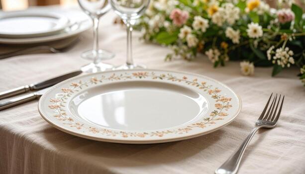 Pristine white ceramic plate adorned with delicate floral pattern rests gracefully beautifully set dining table, surrounded by elegant glassware and fresh flowers, creating warm and inviting photo