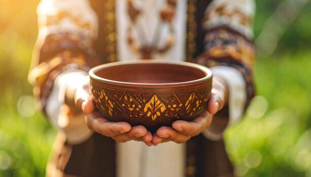 Bowl crafted by hands of skilled artisan, its surface adorned with intricate patterns, held gently in hands of person against vibrant natural background photo