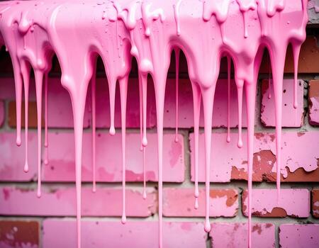 Dripping pink paint creates vibrant and artistic display on textured brick wall, showcasing unique blend of color and creativity. melting effect adds dynamic touch to urban environment photo