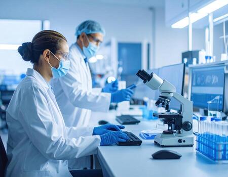 Laboratory researchers wearing masks and gloves work diligently at clinical laboratory, utilizing microscope and computer for scientific analysis and experimentation photo