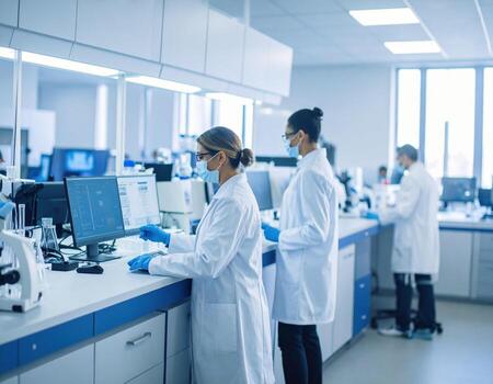 Laboratory researchers wearing white coats and gloves work diligently in modern clinical laboratory, analyzing data on computers and conducting experiments. atmosphere is focused and professional photo