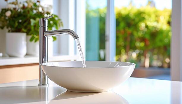 Modern faucet pours water into sleek porcelain basin, creating serene atmosphere with reflections on its surface. lush greenery outside adds refreshing touch to scene photo