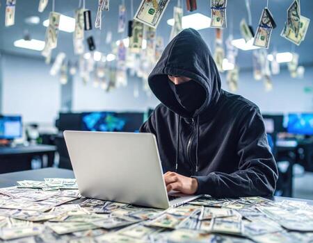 Hooded figure sits at laptop, surrounded by scattered money, creating mysterious and intense atmosphere. cool light from screen illuminates scene, emphasizing hacker focus and secrecy photo