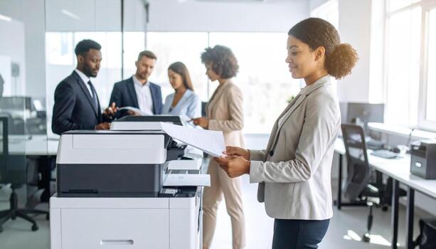 Office worker using printer with colleagues discussing in background, modern workspace with natural light and business attire, teamwork and productivity concept photo