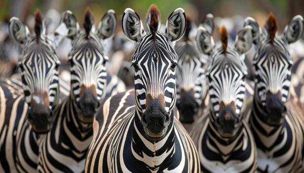 Zebra animal wildlife herd black white stripes standing together in natural habitat with focused gaze and blurred background creating striking pattern and wild atmosphere photo