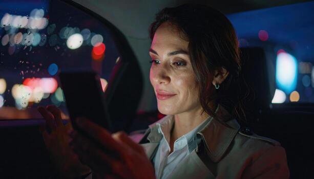 Young woman using smartphone in car at night with city lights outside window, showing calm and focused expression while interacting with device photo
