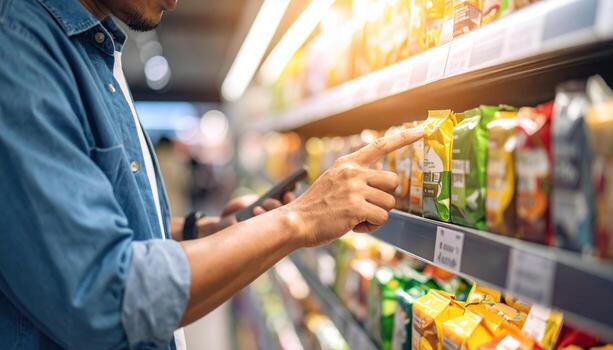 Man shopping in supermarket aisle holding smartphone and selecting snack from shelf with colorful packaging in bright store photo
