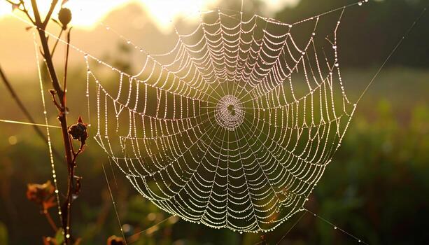 Spider web with dew drops on it in the morning sunlight photo