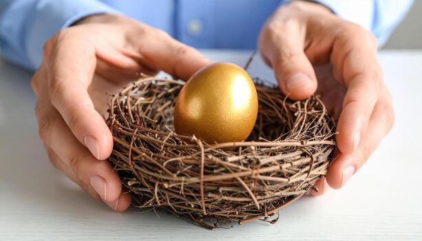 Golden egg in nest held by hands on white table, symbolizing wealth and security with natural twigs and soft light creating calm and hopeful atmosphere photo