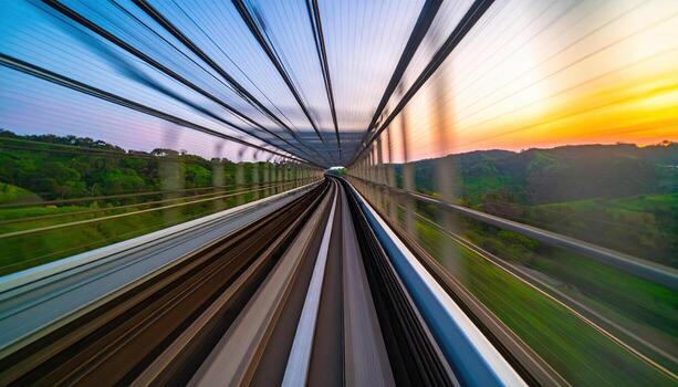Dynamic perspective of modern train track tunnel with blurred motion effect, surrounded by green hills and colorful sunset sky, evoking sense of speed and adventure photo