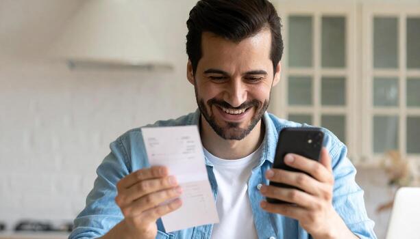 A man is holding a receipt and smiling while looking at his phone photo