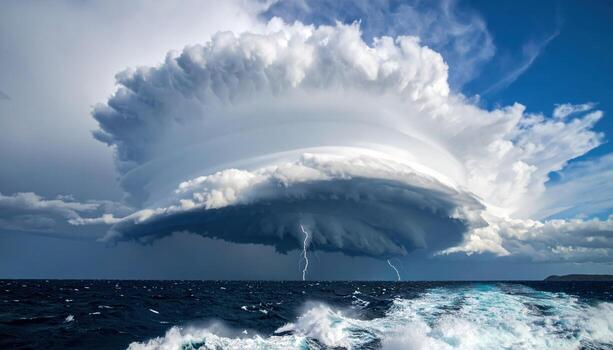 tormenta nube con relámpago terminado Oceano agua, dramático cielo con en capas nubes y turbulento mar olas creando poderoso y intenso natural escena foto