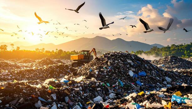 Garbage landfill with birds flying over piles of waste and bulldozer working at sunset, showing environmental pollution and nature impact in mountainous area photo