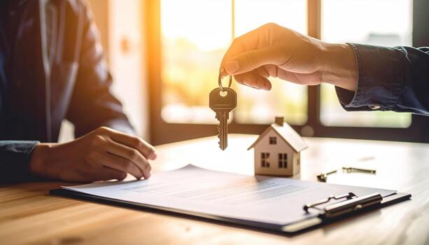 Hand holding key over contract with miniature house and person signing document on wooden table in warm sunlight photo