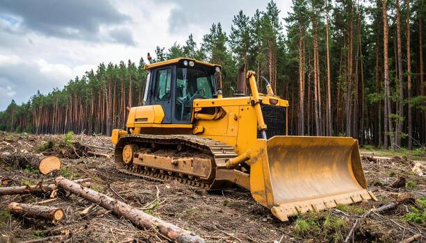 Bulldozer machine clearing forest land with tree trunks and branches scattered on ground under cloudy sky, heavy equipment used for construction and logging work photo