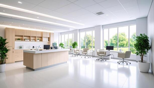 Modern office interior with large windows, natural light, wooden furniture, and green plants creating bright and comfortable workspace with multiple desks and chairs photo