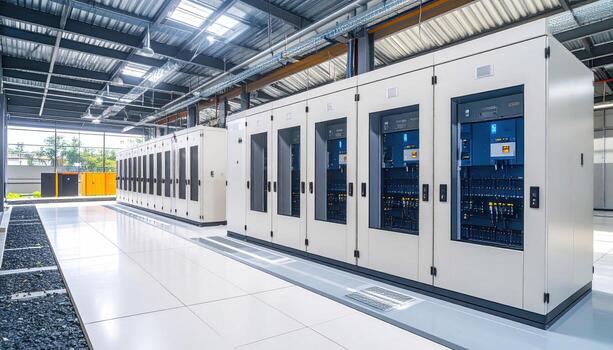 Data center server rack room with white floor and modern design, high technology equipment with blue lights inside cabinets, clean and bright environment photo