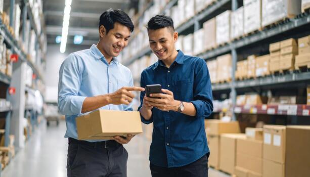 dos joven hombres sonriente y comprobación teléfono inteligente mientras participación cartulina caja en almacén con estantería lleno de paquetes, demostración trabajo en equipo y positivo trabajo ambiente foto