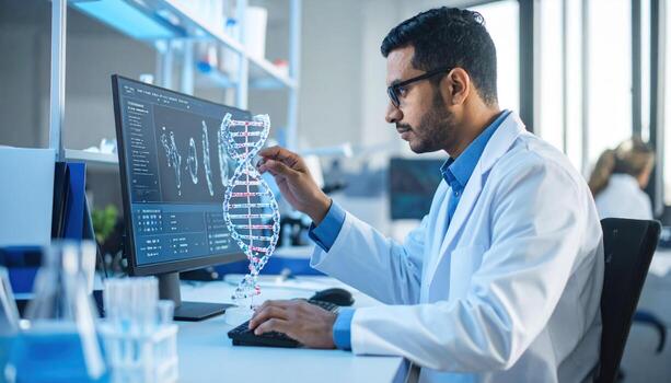 Scientist laboratory DNA research technology computer analysis genetic innovation professional working in modern laboratory focused on DNA structure and data analysis photo