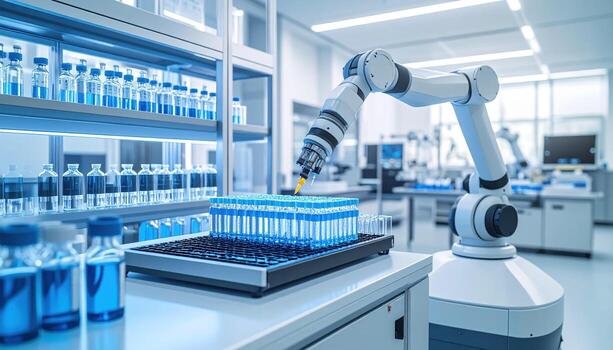 Robotic arm laboratory automation science technology test tube research innovation chemistry modern In modern laboratory robotic arm automates scientific research by handling test tubes showcasing photo
