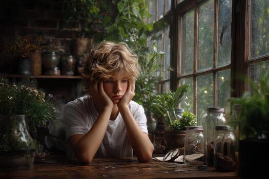 Boy ponders thoughtfully while surrounded by plants in a rustic indoor setting photo