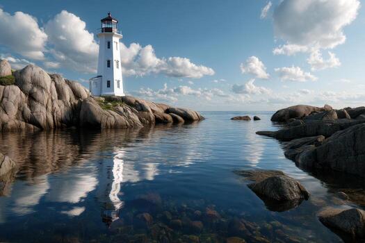 Scenic lighthouse reflection in calm waters under a clear sky with fluffy clouds photo