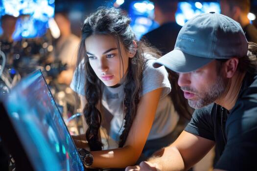 Collaborators engaged in tech exploration at a modern innovation event in the evening photo