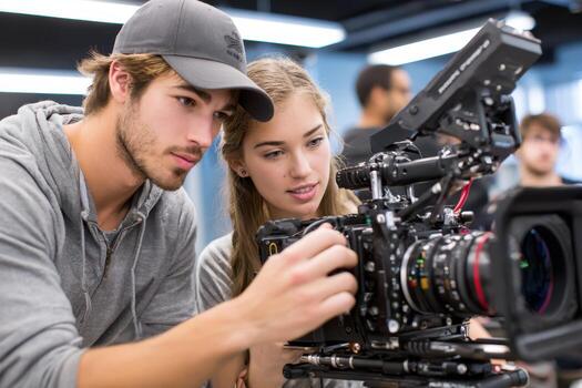 Young filmmakers collaborating on project in a modern studio setting photo