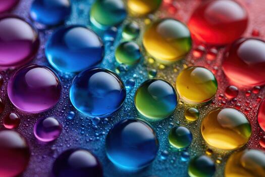 Colorful water droplets create a vibrant pattern on a textured surface in bright light photo