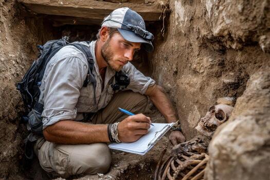 Archaeologist documenting ancient skeleton discovery in a desert excavation site photo