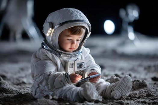 Child in astronaut suit using smartphone on lunar surface during nighttime exploration photo