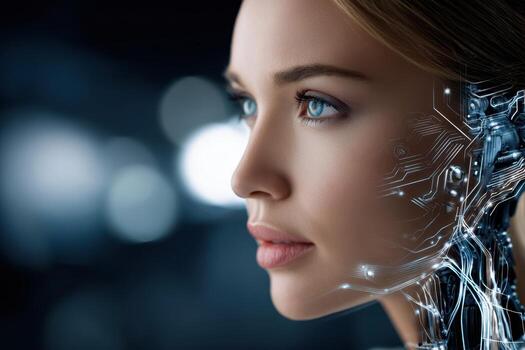 Close-up of a female robot's face showcasing advanced technology and human-like features photo