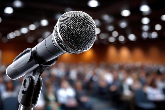 Focus on a microphone with an audience blurred in the background during a speaking event photo