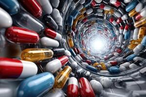 vistoso cápsulas crear un espiral modelo en un túnel de productos farmacéuticos y ligero foto