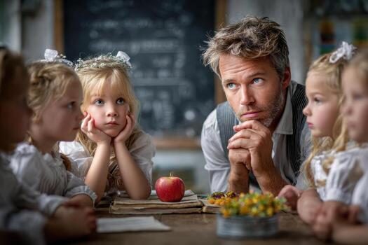 Children engaged in thoughtful discussion with attentive adult in classroom setting photo