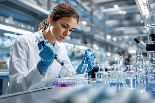 Scientist conducts experiment in laboratory with pipette and samples during daylight hours photo