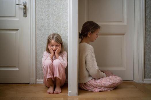 Siblings in conflict sit apart in a hallway during a quiet afternoon at home photo